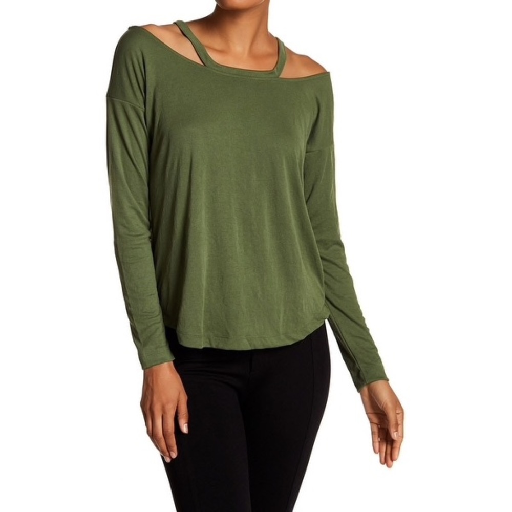 Harlowe&Graham Olive Green Cold Shoulder Top Sz L